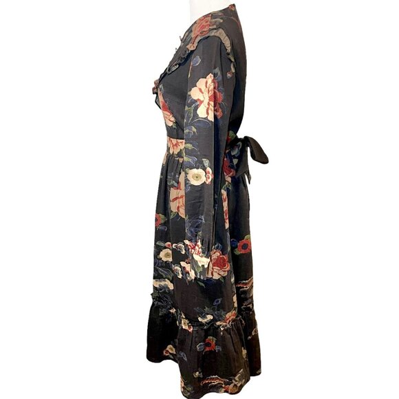 Novella Modest Midi Dress Size Medium Prairie Cottage Floral Ruffle Tiered Black - Picture 2 of 12